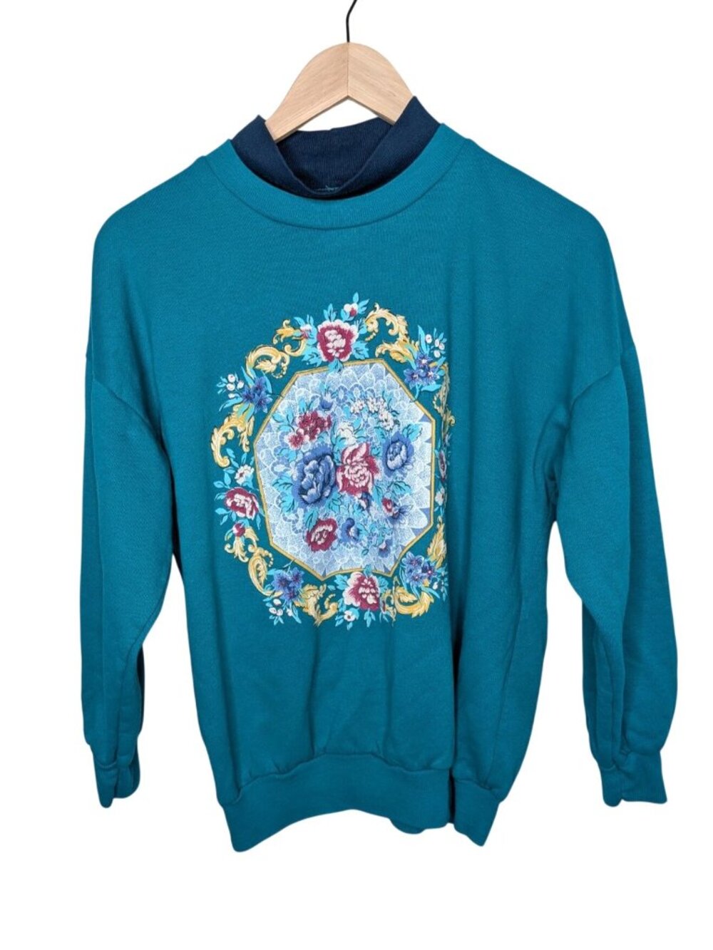 Vintage Teal Crewneck Sweatshirt Floral Baroque Print M/L